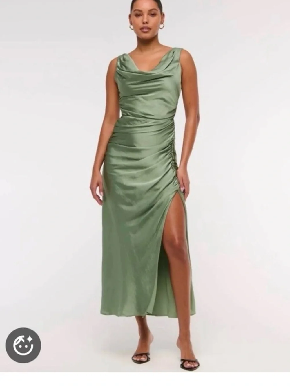 Satin Cowl Neck Ruched Side Slit Dress - Sage Green